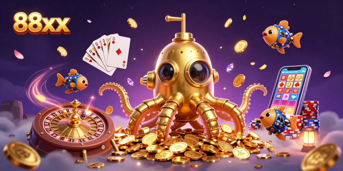 Experience thrilling gameplay at 88xx with giant kraken and mechanical fish in a vibrant casino scene.