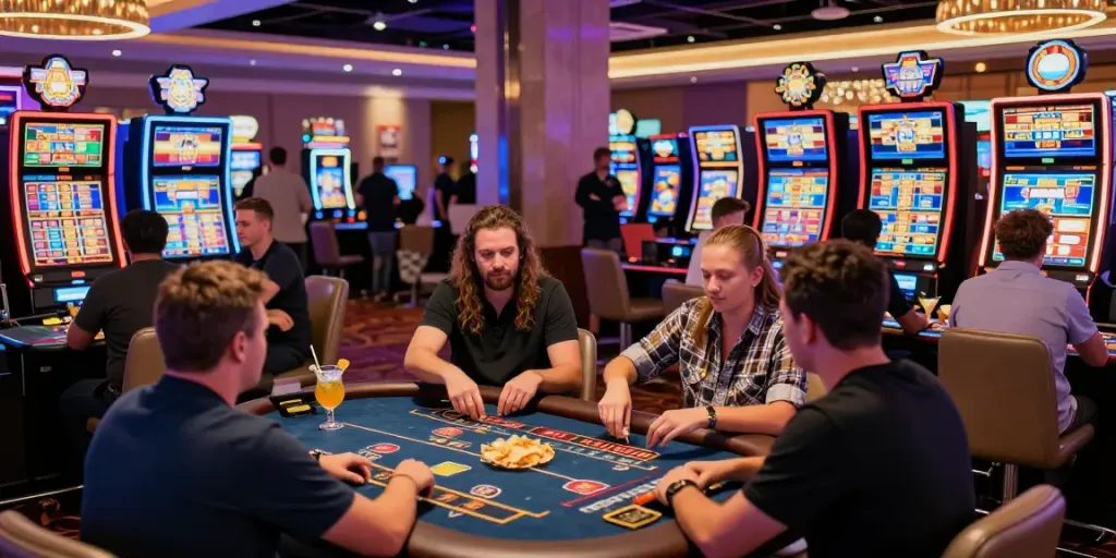 Online-Casinos für belgische Spieler, Spieler genießen aufregende Spiele und Interaktionen in einem lebhaften Casino-Umfeld.