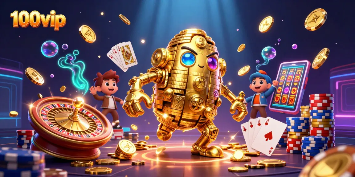 Experience thrilling gameplay with 100vip, featuring golden golem, slot machines, and fun casino elements.