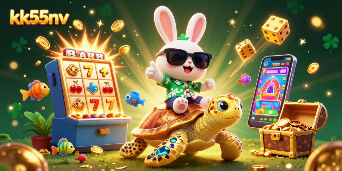 Join the fun with kk55nv, where a lucky rabbit and golden turtle celebrate jackpots in this vibrant casino scene.