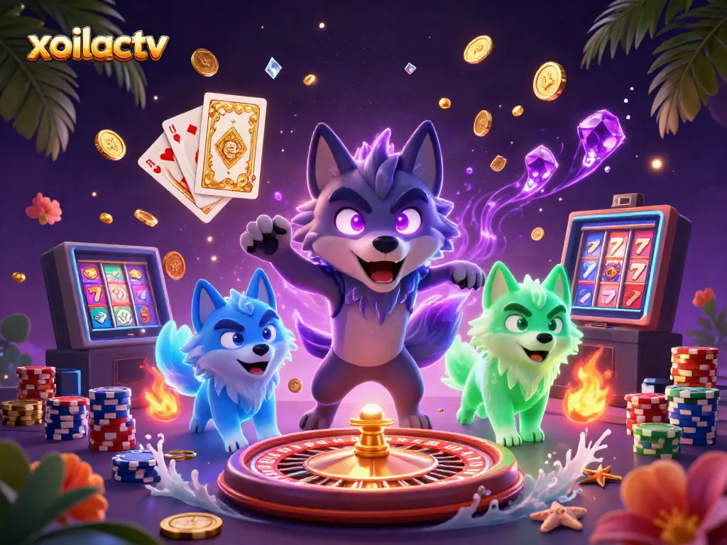 Xoilactv engaging audience with thrilling 3D casino scene featuring a glowing wolf leader and interactive game elements.