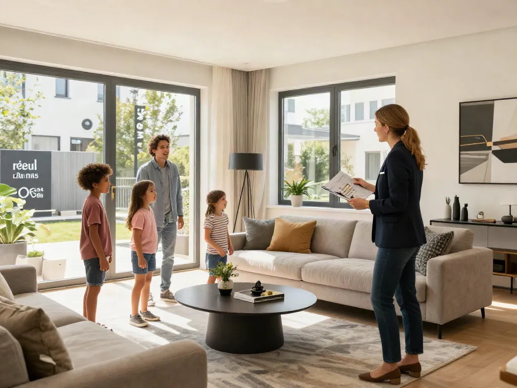 Bester Immobilienmakler Frankfurt zeigt moderne Immobilie während einer Besichtigung mit begeisterter Familie.