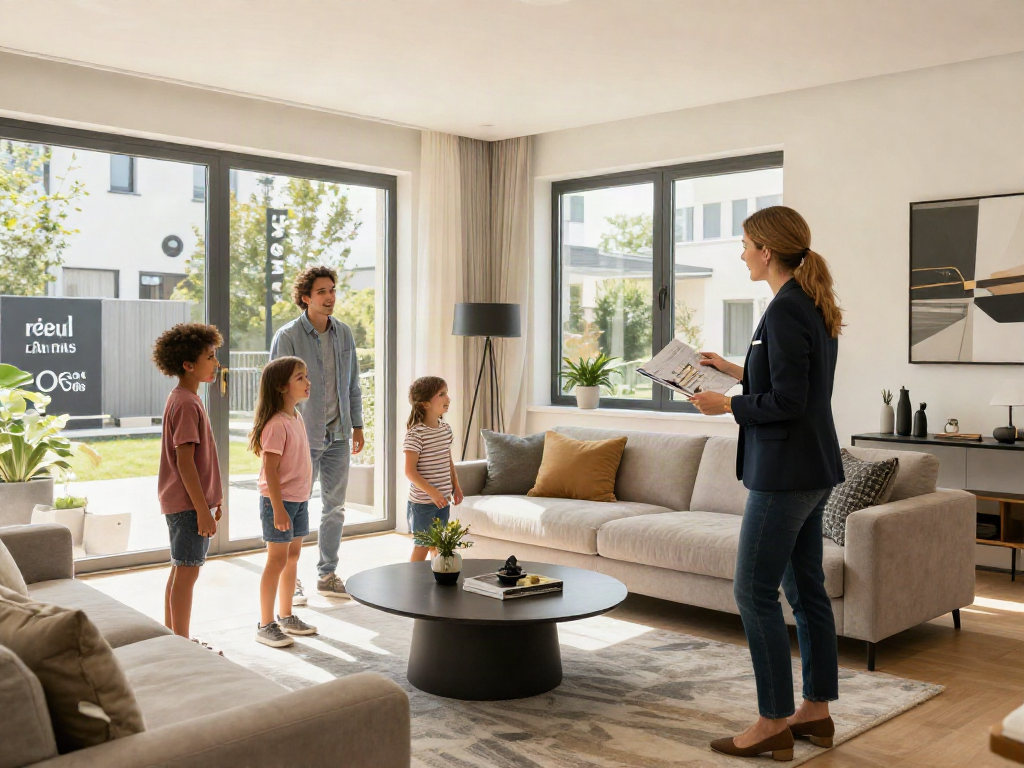 Bester Immobilienmakler Frankfurt zeigt moderne Immobilie während einer Besichtigung mit begeisterter Familie.