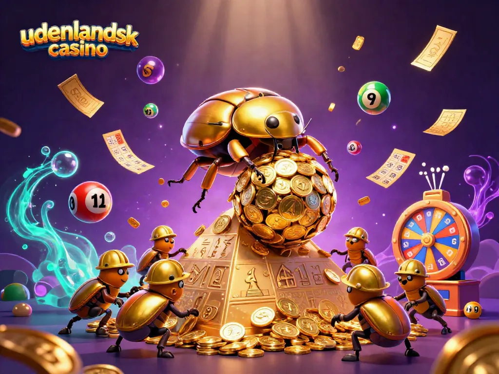 Engaging scene illustrating a udenlandsk casino theme with flying lottery balls and a golden beetle.
