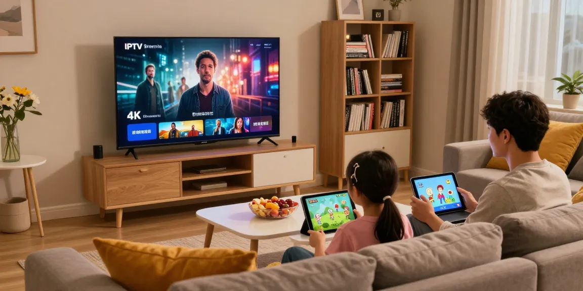 Familie genießt IPTV kaufen Streaming in 4K Qualität im Wohnzimmer.