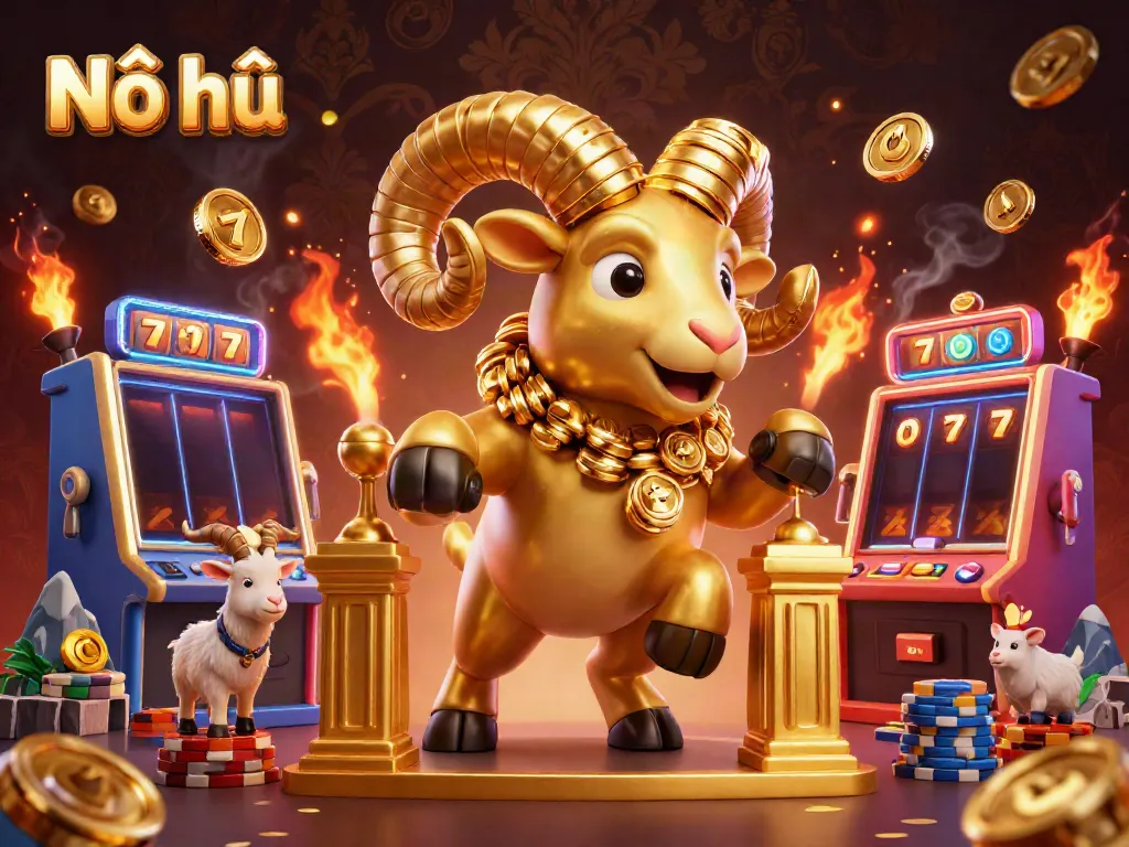 Nổ hũ slots feature a golden ram charging through a vibrant, casino-themed landscape of slot machines.