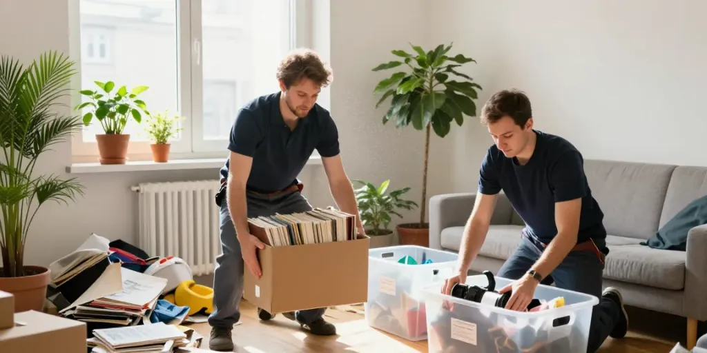Messie-Entrümpelung Wien: Professionelles Team beim Entrümpeln einer Wohnung in Wien, sortiert alten Kram.