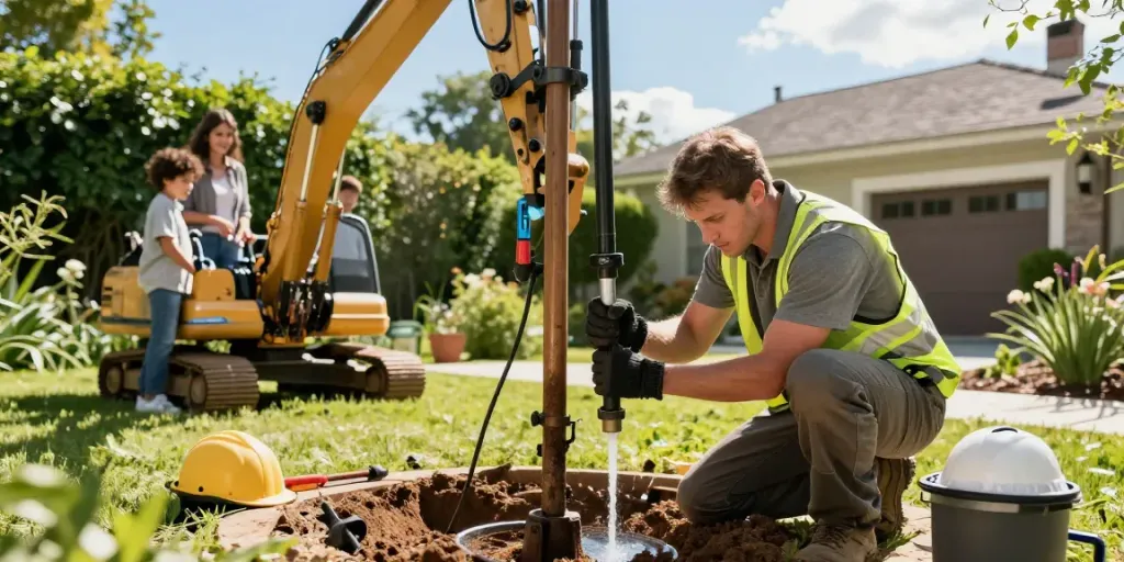 Brunnenbohrungen im Garten mit Fachmann, der eine Wasserquelle erschließt.