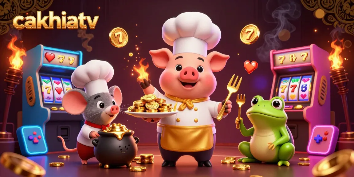 Cakhiatv showcasing a chef pig serving gold coins with vibrant gambling elements for an engaging experience.