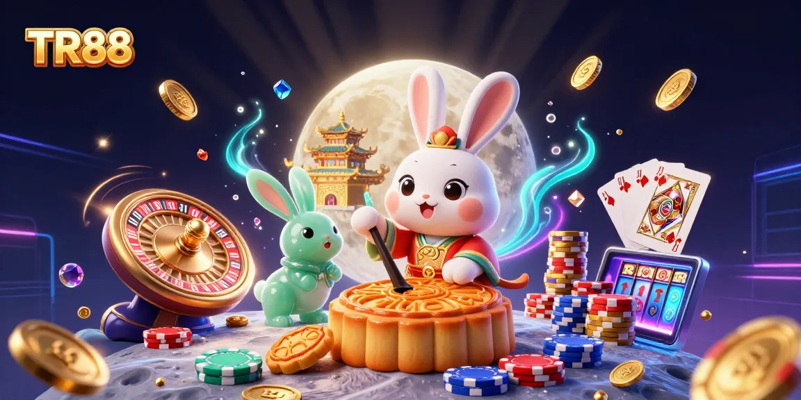 Win big at TR88 with a lively casino scene showcasing a moon rabbit and stunning gaming elements.