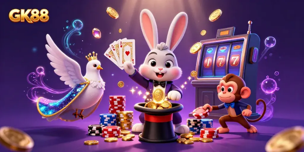 Engage with GK88's thrilling gaming experience featuring a magician rabbit and sparkling casino elements.
