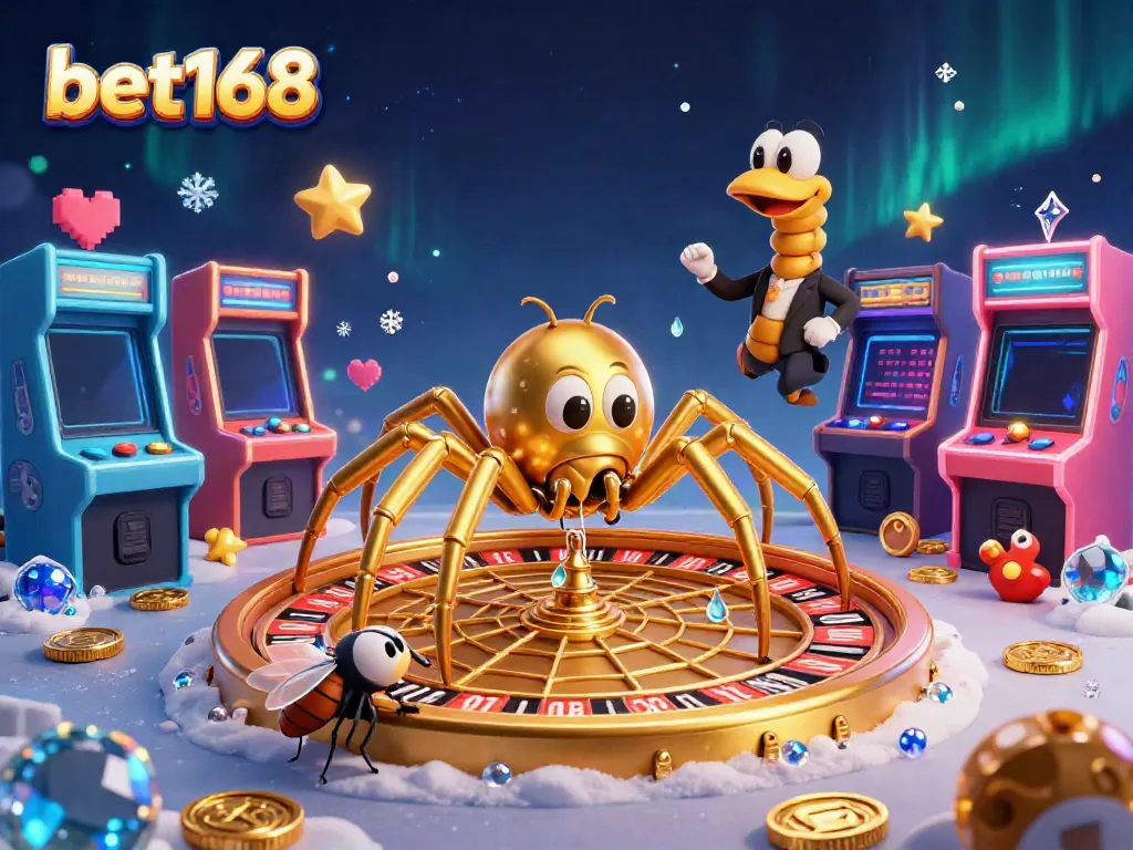 Catch the excitement at bet168 with a golden web roulette, a betting fly, and colorful arcade elements.