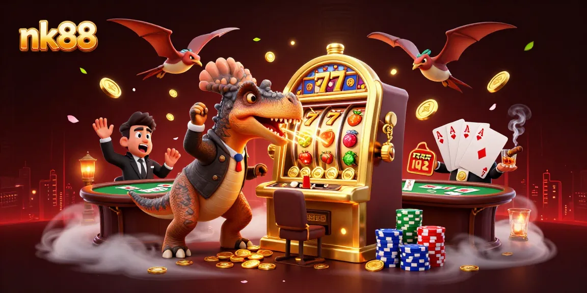 nk88: Animated pachycephalosaurus winning jackpot coins in a lively casino scene