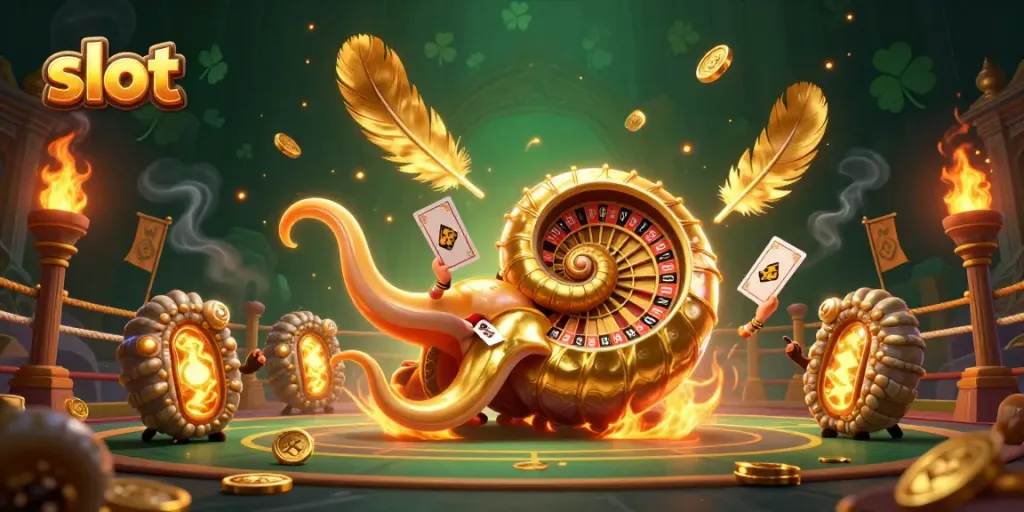 Engage with thrilling slot gameplay in a vibrant 3D casino world featuring a giant nautilus and golden elements.