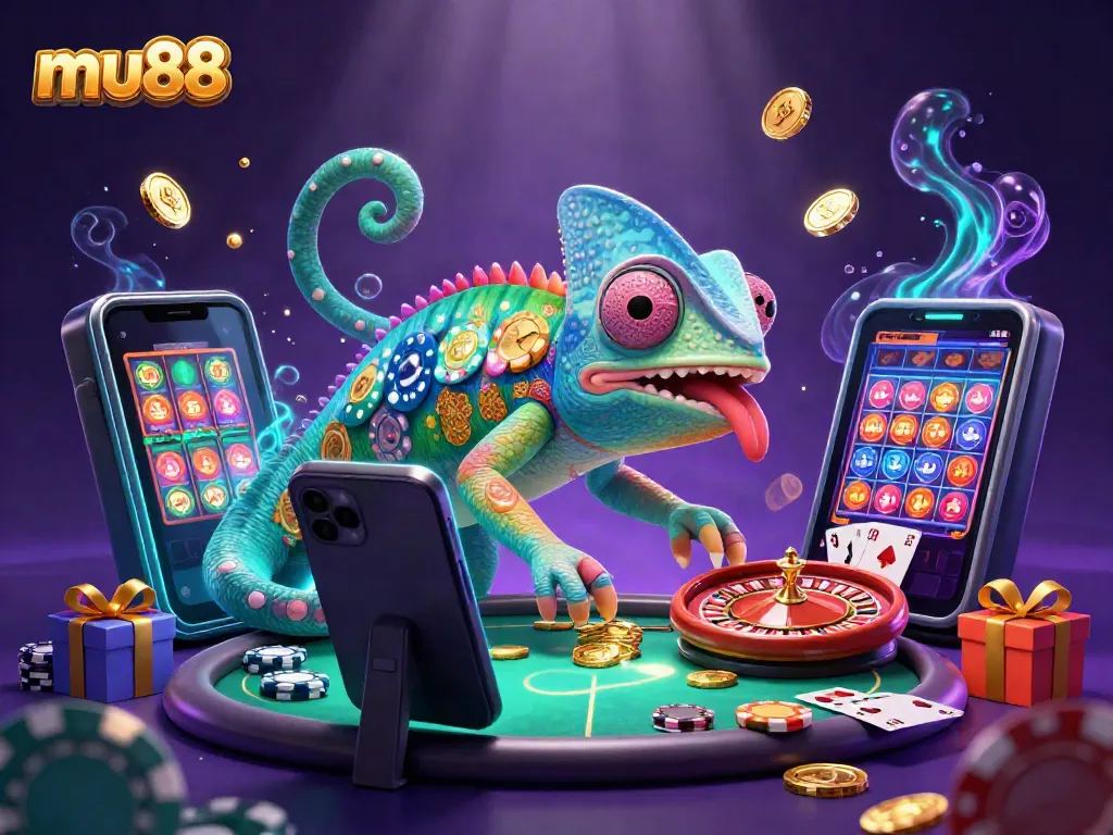 Experience thrilling games at mu88 with a colorful chameleon casino owner and vibrant slot elements.