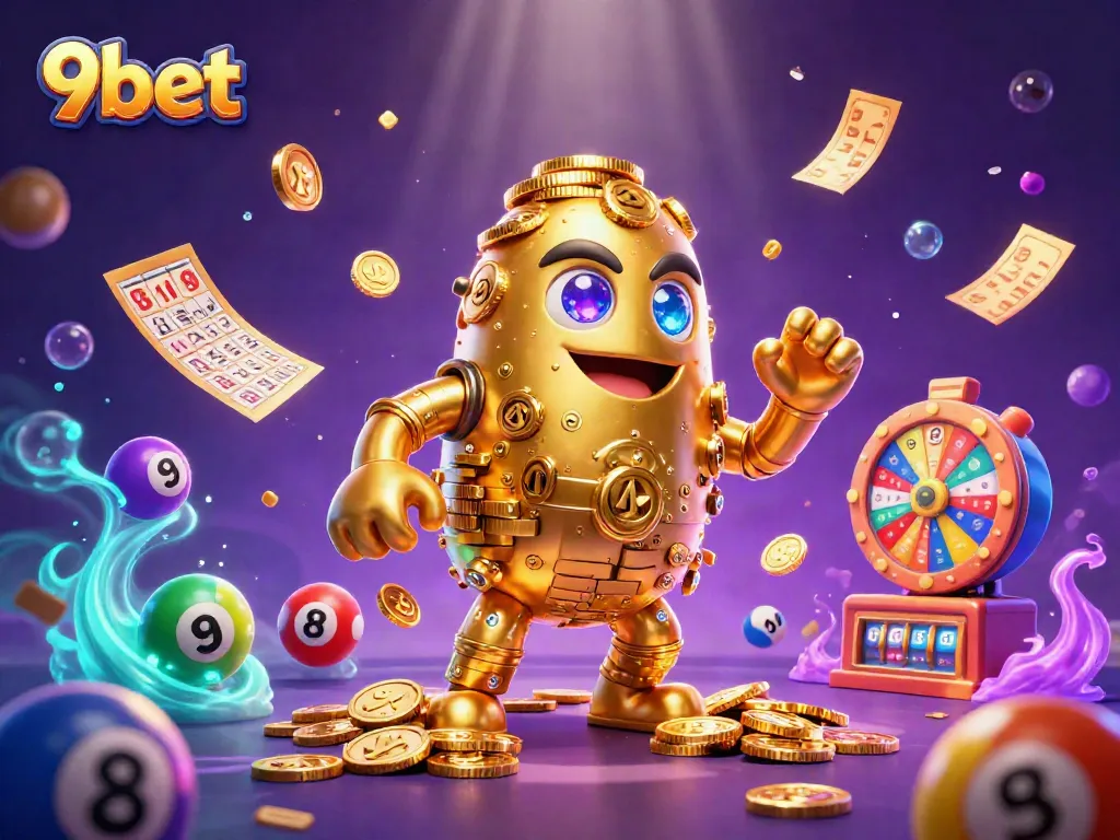 Exciting gameplay on 9bet with a golden golem and vibrant lottery elements in a magical casino scene.