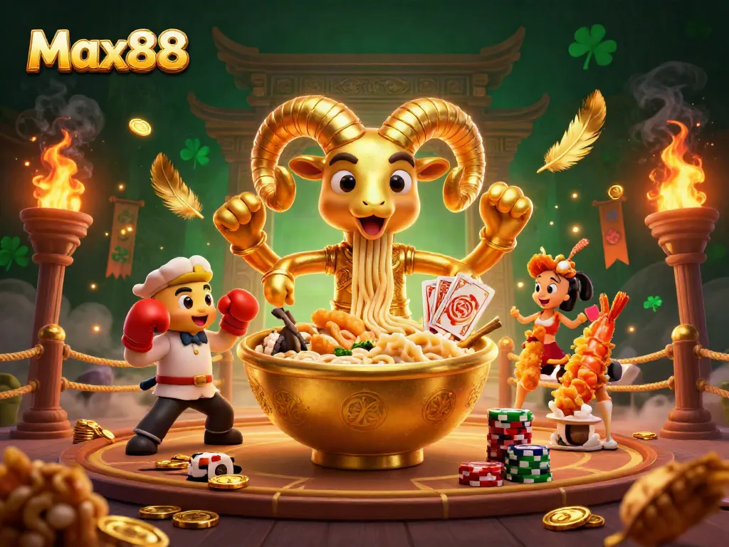 Experience Max88's vibrant casino world with a golden ramen bowl character and cheerful sidekicks.
