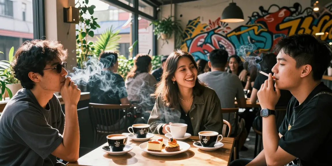 Friends enjoying a vibrant café scene with rokok88 cigarettes, showcasing smoky flavors and social interactions.