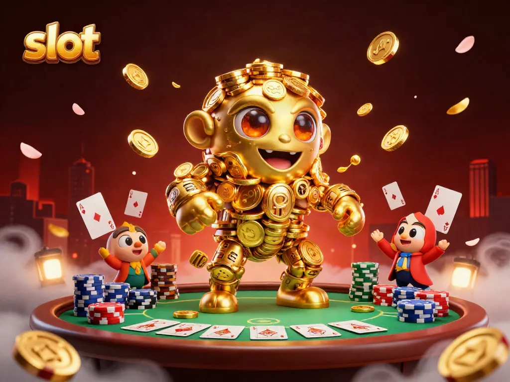 Exciting slot gaming scene featuring a golden golem, poker elements, and vibrant casino atmosphere.
