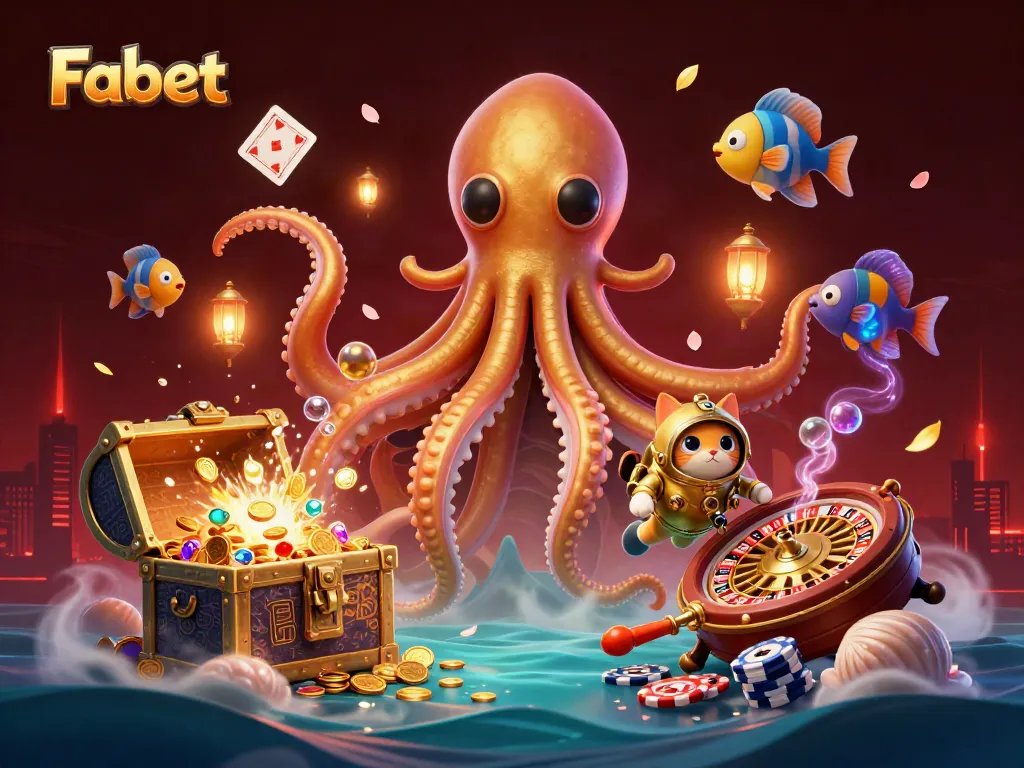 Immerse in Fabet with a vibrant underwater casino scene featuring a kraken and treasure.