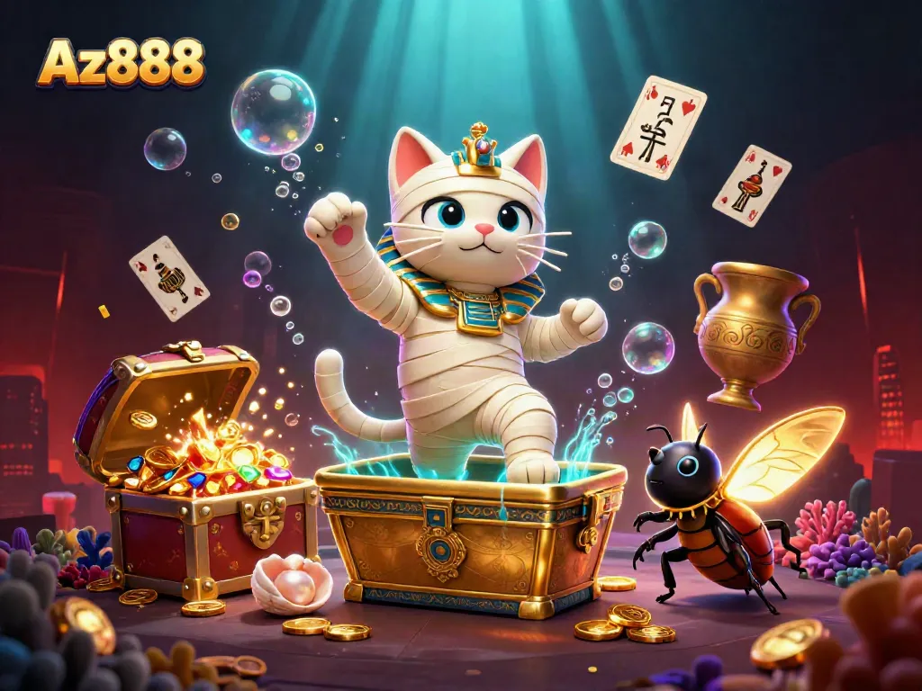 Experience the thrilling world of Az888 with an energetic mummy cat and scarab beetle in a vibrant casino scene.