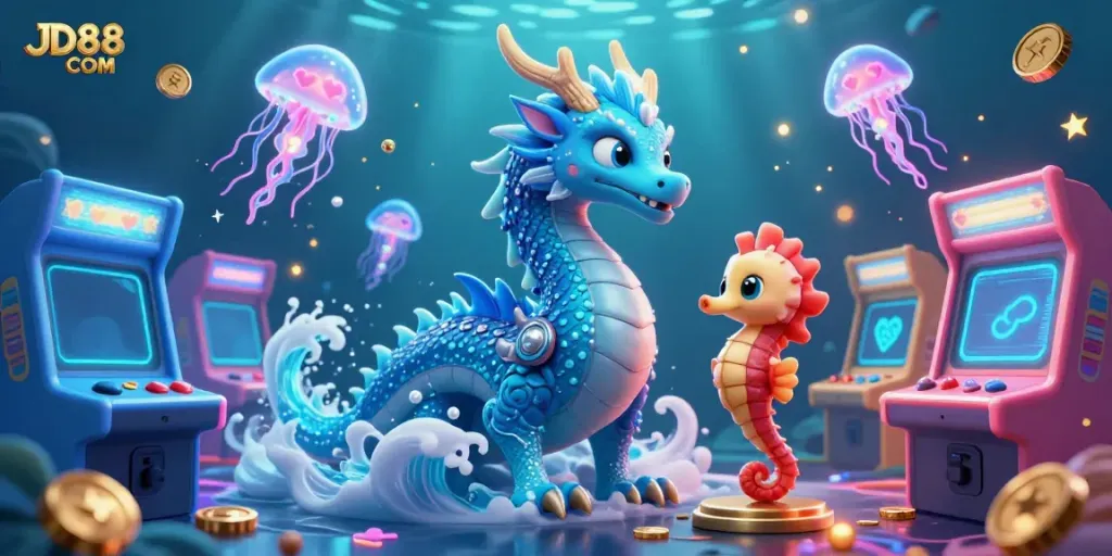 Engage with JD88 COM's vibrant casino experience featuring an azure water dragon and neon elements.