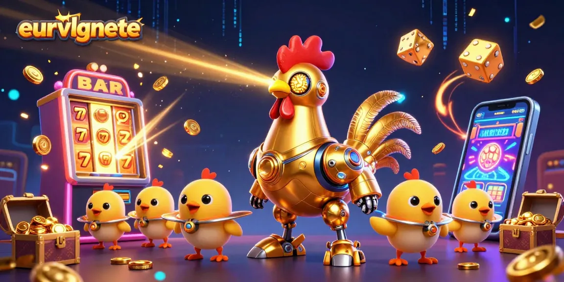 eurvlgnete showcases a vibrant casino scene with a golden rooster robot and exploding slot machines.