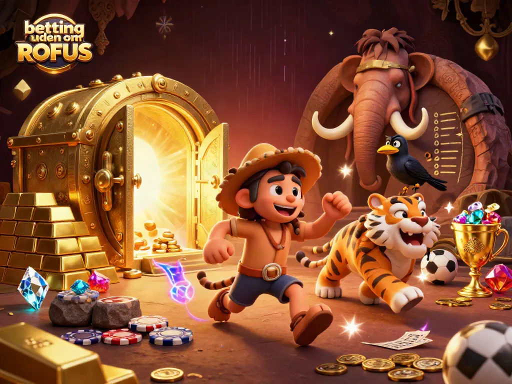 Engage in betting uden om ROFUS with a vibrant prehistoric casino scene filled with treasures.