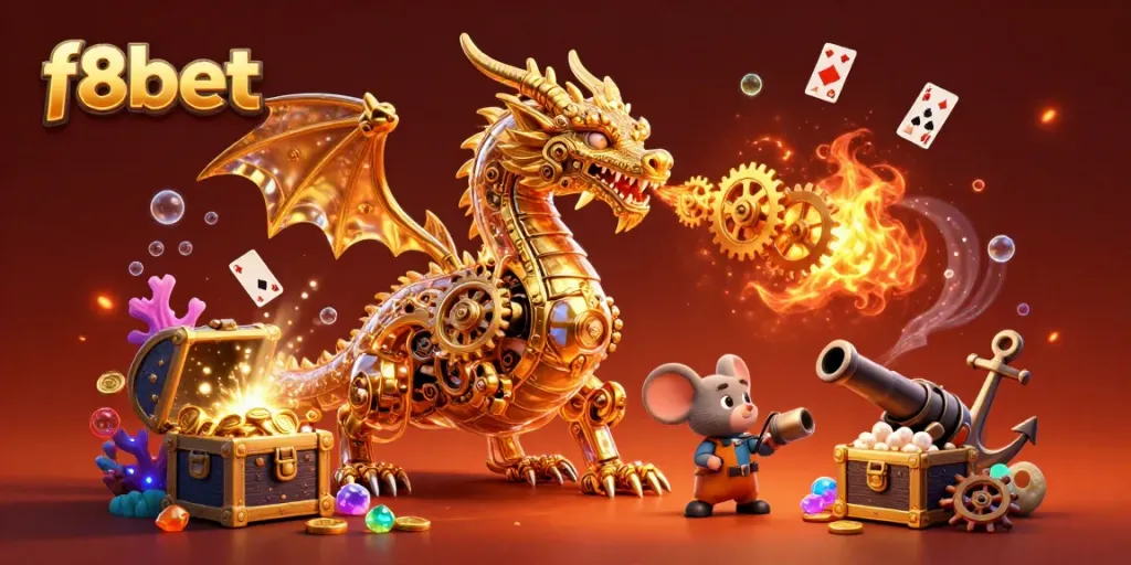 Engage in exciting gameplay at f8bet with a dynamic scene showcasing a golden dragon and casino elements.