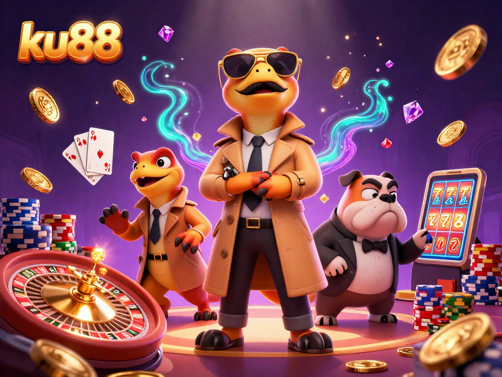 Bet on exciting games at ku88 casino with lively raptors in a trench coat, dazzling coins, and rolling roulette.