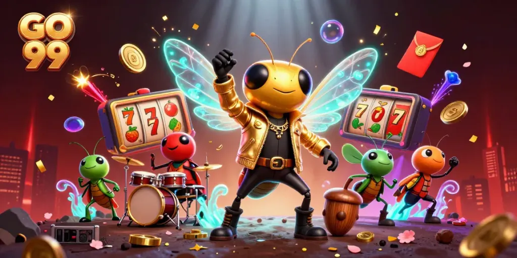 Engaging GO 99 scene with a cicada rock star and slot reels depicting vibrant casino excitement.