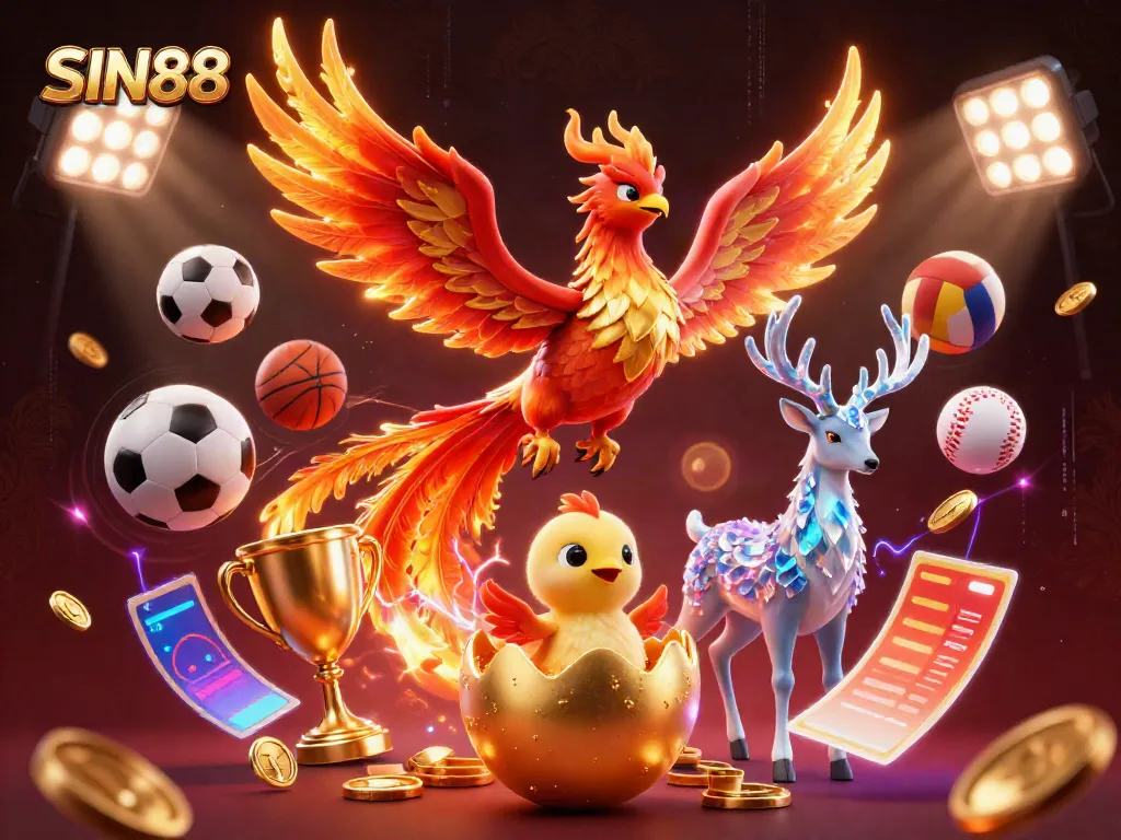SIN88 gaming illustration showing a vibrant fire phoenix soaring with sports elements surrounding, symbolizing online casino excitement.