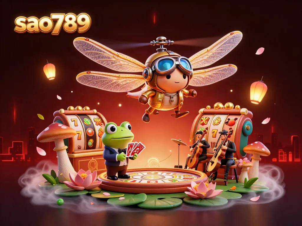 Experience vibrant gaming with sao789’s animated dragonfly pilot and lively frog croupier in an immersive casino setting.