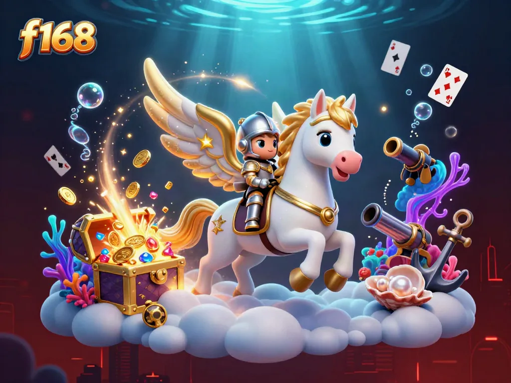 Experience thrilling gameplay at f168 with a celestial knight on a golden-winged horse surrounded by vibrant game elements.