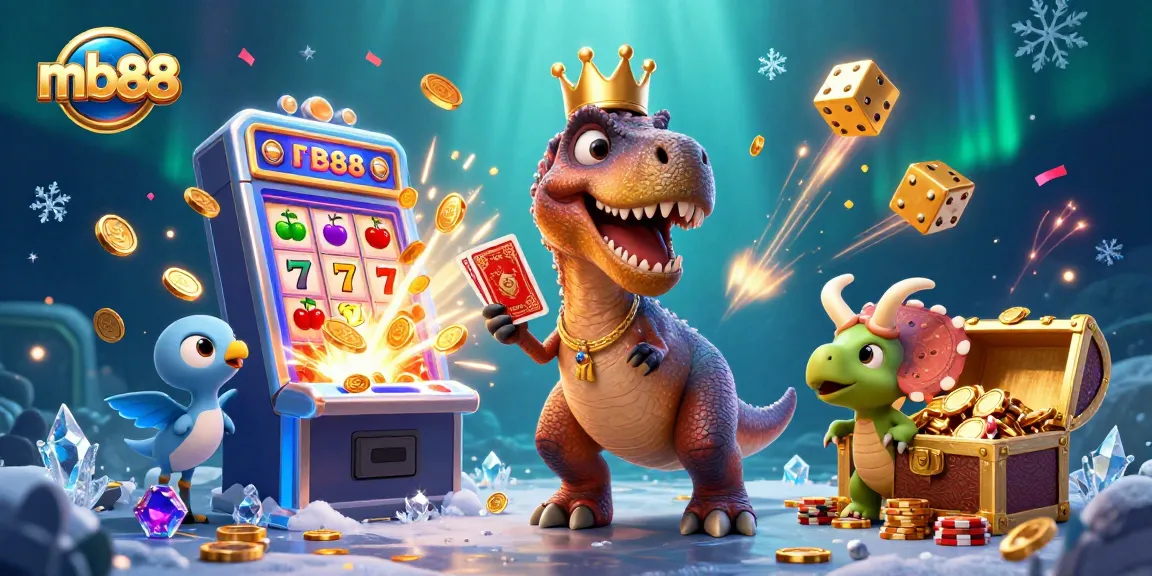 Experience the thrilling action of mb88 as a T-Rex shuffles cards and a baby triceratops stacks golden chips in a fun casino scene.