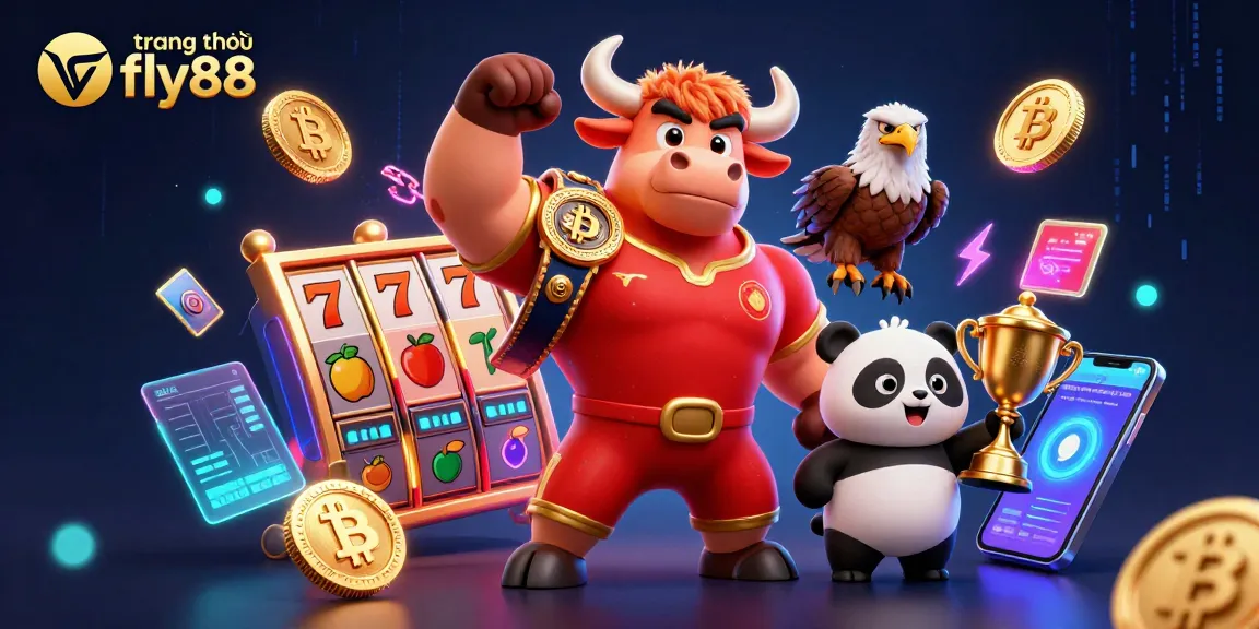 Experience the excitement of trang chủ fly88 with vibrant 3D casino characters celebrating a big win, featuring thrilling slot elements.