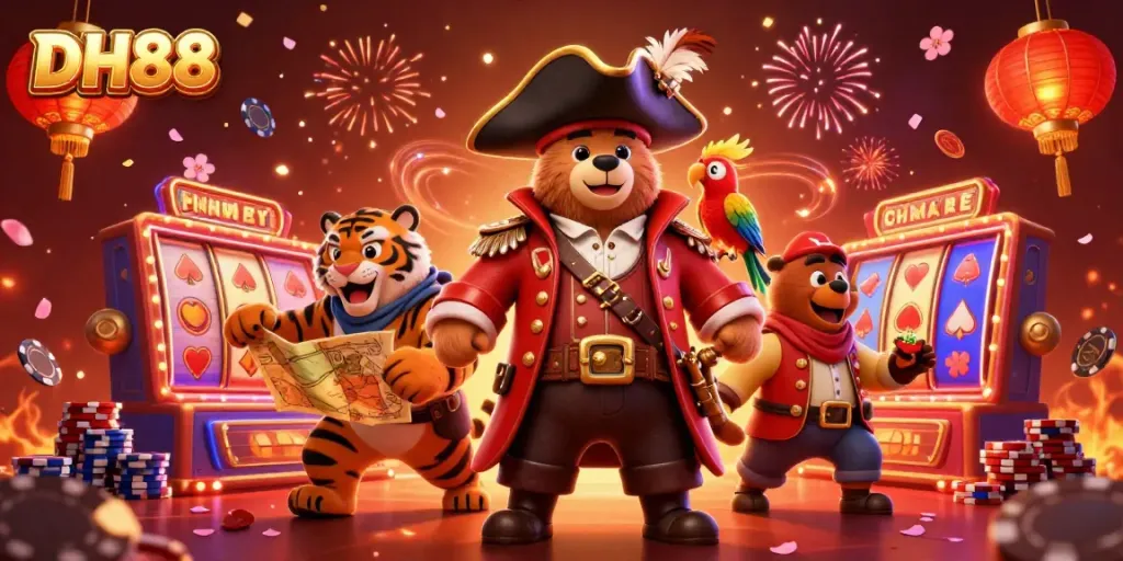 Experience thrilling gaming at DH88 with a lively illustration of a pirate captain bear, tiger, and parrot surrounded by casino elements.