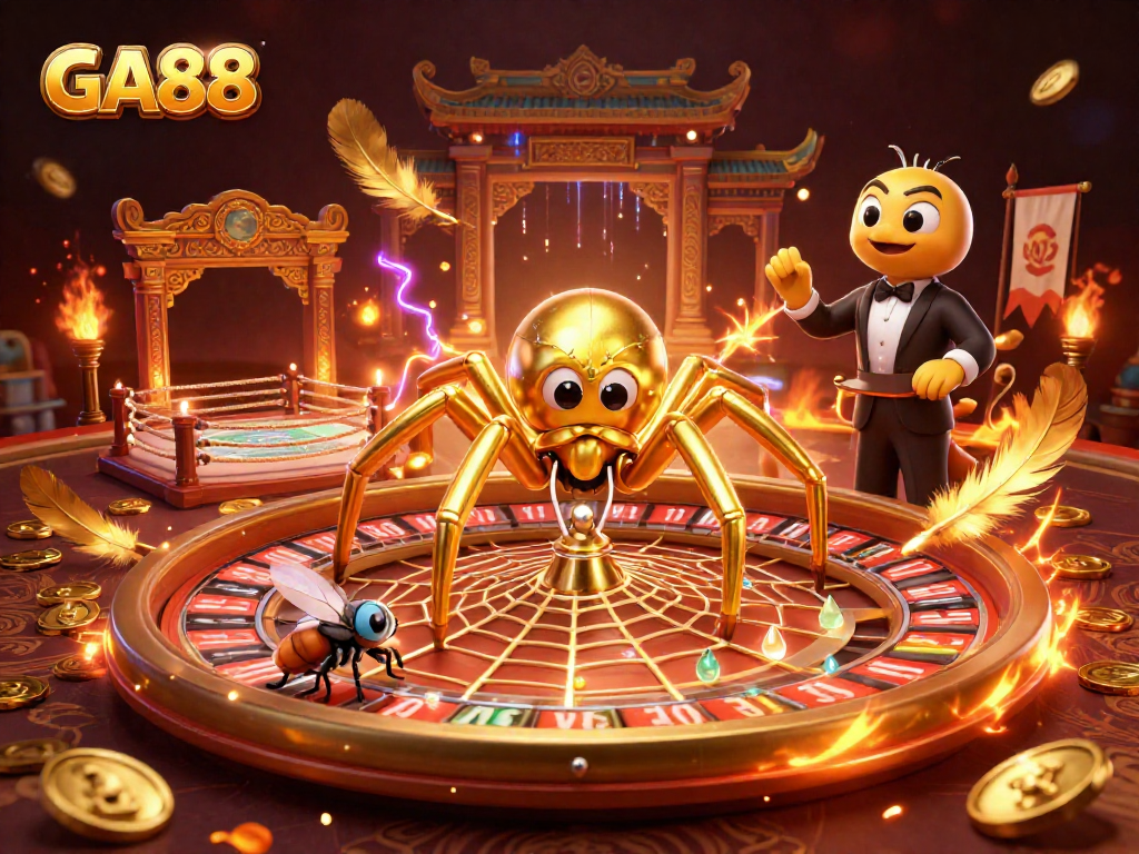 GA88 showcases a golden spider spinning roulette wheel web in a dynamic casino setting.