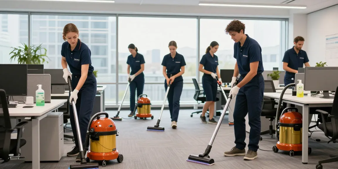 Professionelle Gebäudereinigung Düsseldorf: Reinigungsteam putzt modernes Büro mit hochwertigen Geräten und umweltfreundlichen Reinigungsmitteln.