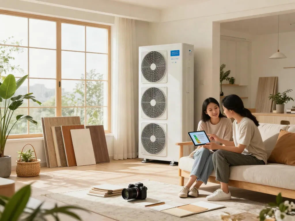 Wärmepumpe Kosten im modernen Wohnzimmer mit Paar, das Energiedaten diskutiert.