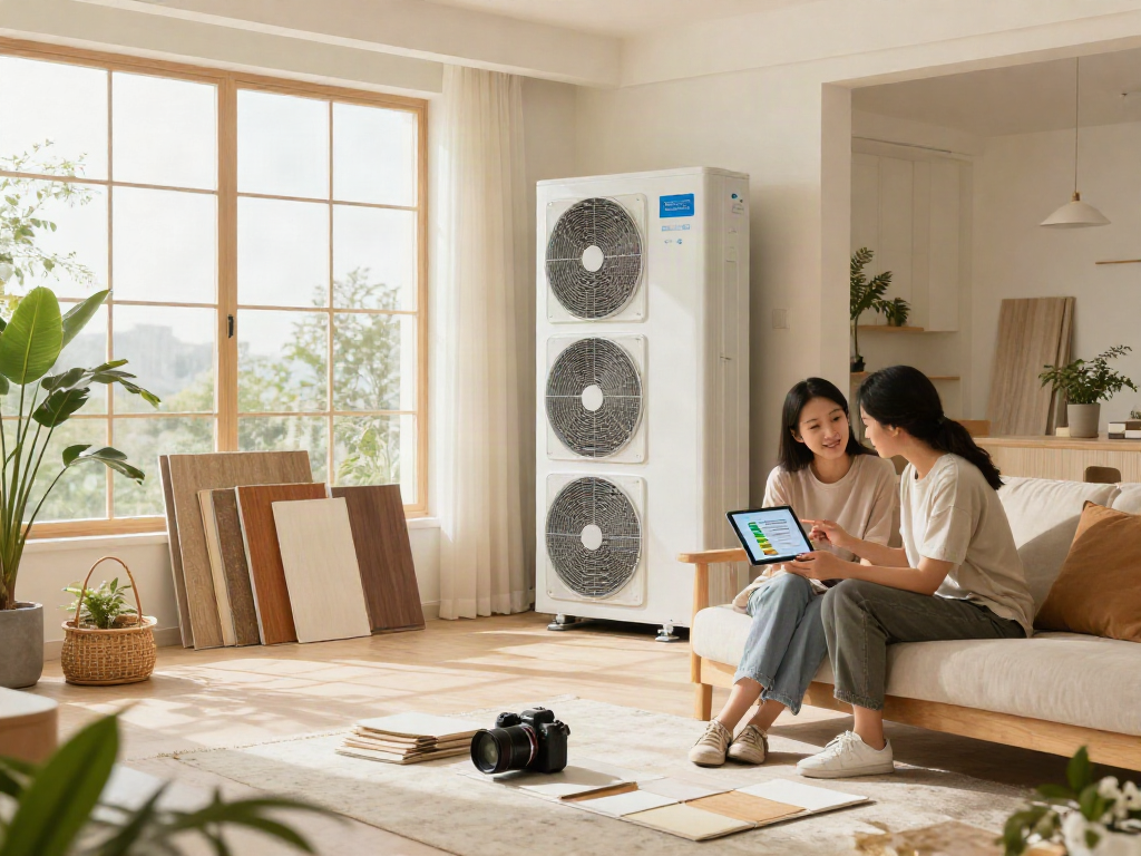 Wärmepumpe Kosten im modernen Wohnzimmer mit Paar, das Energiedaten diskutiert.
