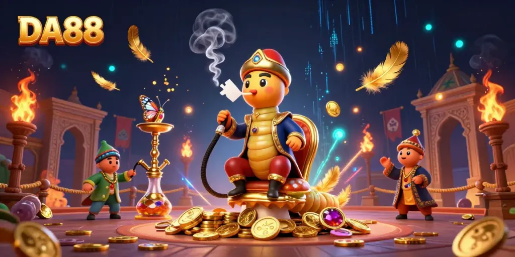 DA88 gambling illustration with a caterpillar hookah-master blowing poker symbols surrounded by vibrant casino elements