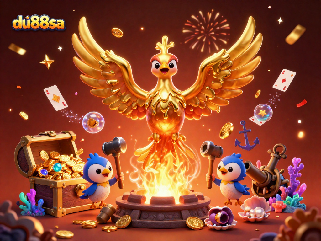 Experience the thrill of du88sa with a molten golden phoenix amidst a vibrant casino scene.