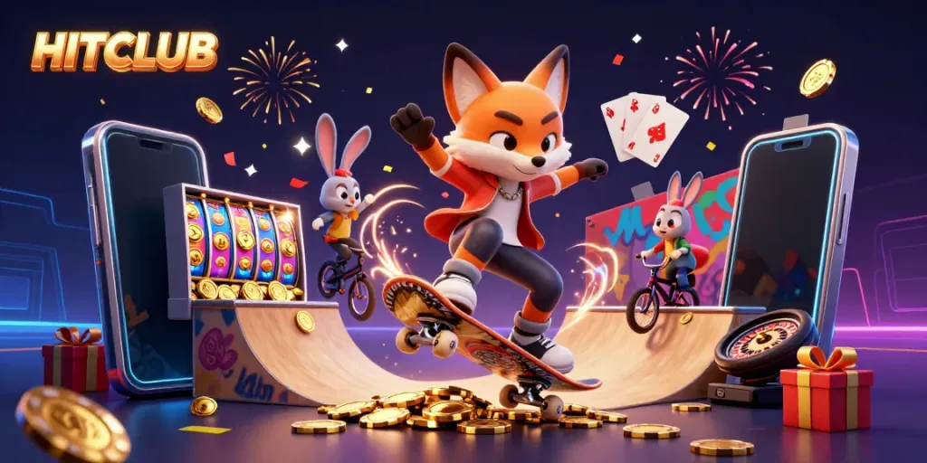 Join the fun at HITCLUB with a vibrant illustration of a skateboarder fox and BMX-riding rabbit in a casino-themed adventure.