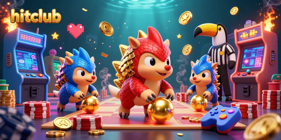Hitclub pangolin rivals bowling through poker chips in a vibrant casino arcade scene.
