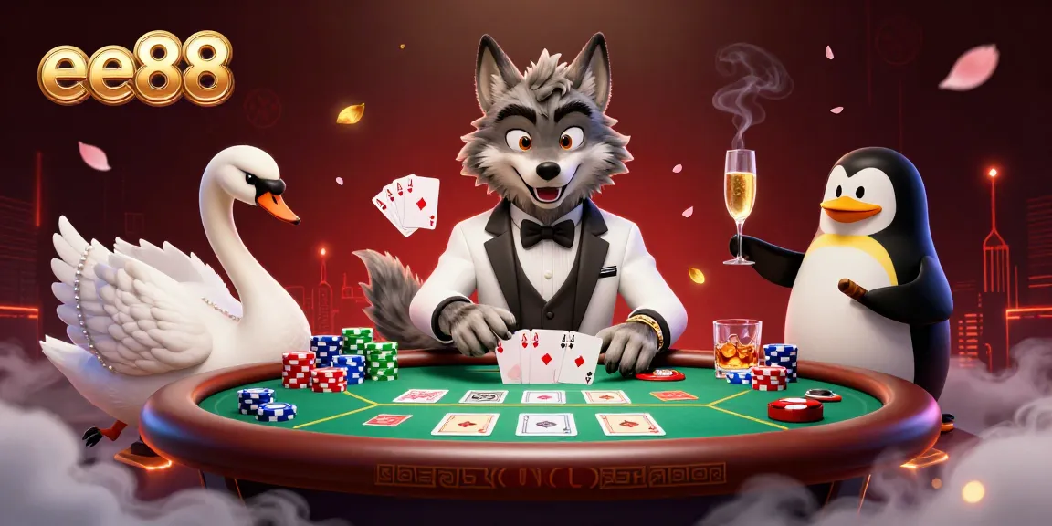 ee88 showcases a luxurious casino scene with a debonair wolf and elegant characters amid vibrant gaming elements.