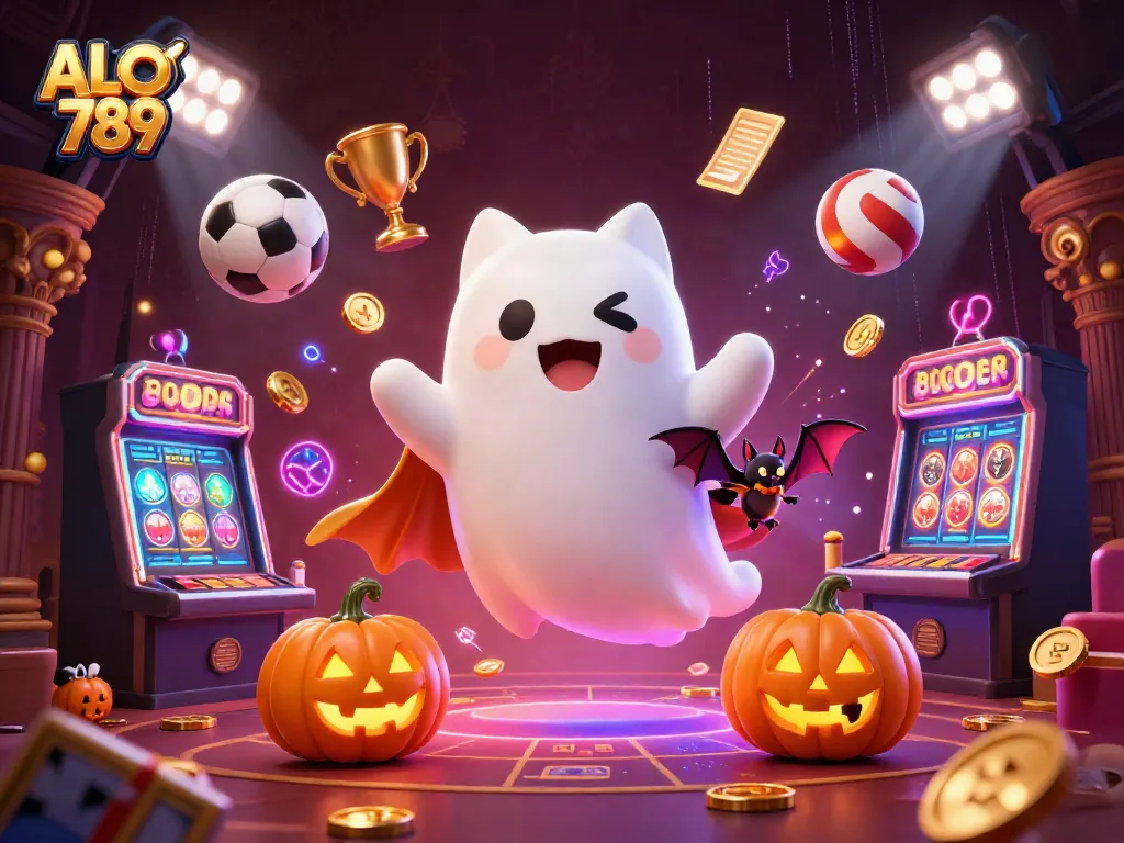 Engage with ALO 789's dynamic ghostly scene featuring casino elements and vibrant characters.