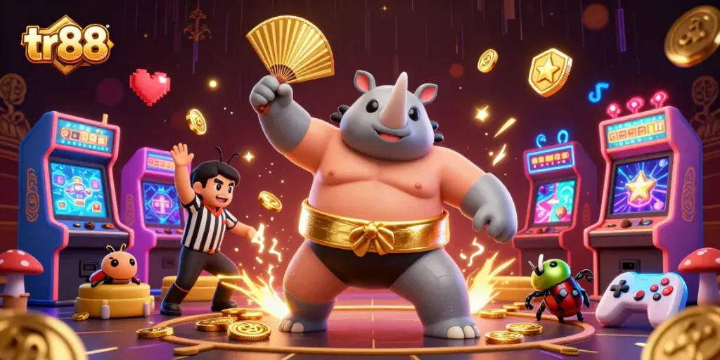 tr88 themed cartoon illustration of a sumo beetle and cricket referee amidst flying coins