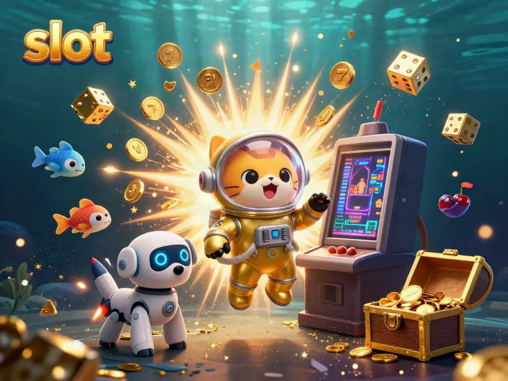 Experience thrilling slot action with a vibrant 3D space scene of an astronaut cat, robot dog, and jackpot excitement.