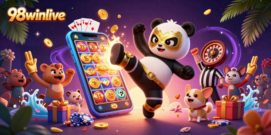 Experience excitement with 98winlive's dynamic gaming scene featuring animated characters and vibrant casino elements.